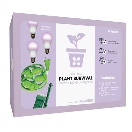 Miracle Led 3-Socket Plant Survival Grow Light Kit- Red & Blue Spec. 14W Replace 150W Grow Bulbs, 4PK 801954